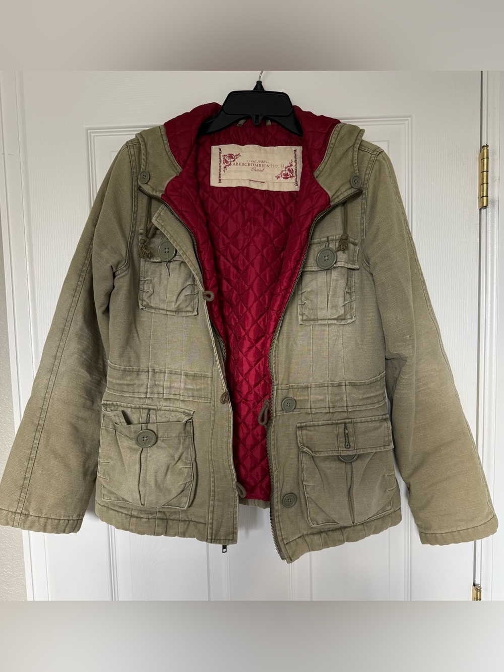 Abercrombie & Fitch Olive Green Hooded Army Jacket Red Quilted Liner Sz M